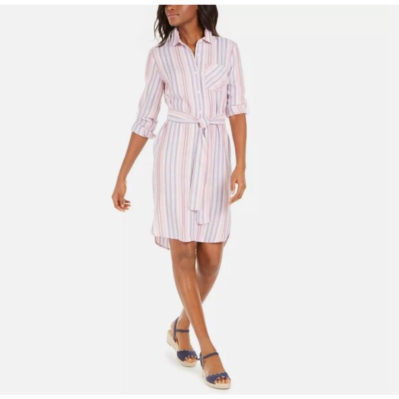 Tommy Hilfiger Pink Blue Striped Long Sleeve Shirtdress Belted sz 14 - Picture 11 of 11